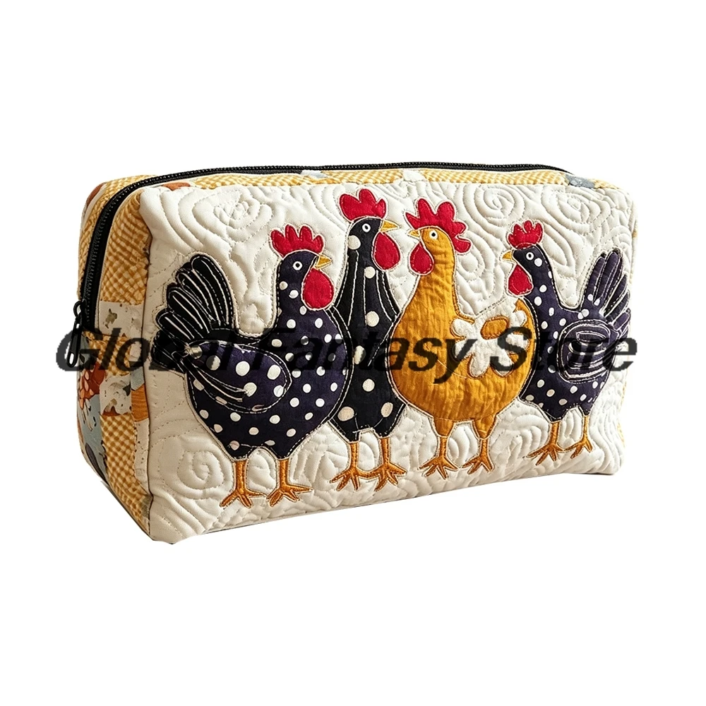 Colorful Rooster Quilted Makeup Bag Farmhouse Chicken Travel Toiletry Bag Zipper Portable Cosmetic Bag For Women