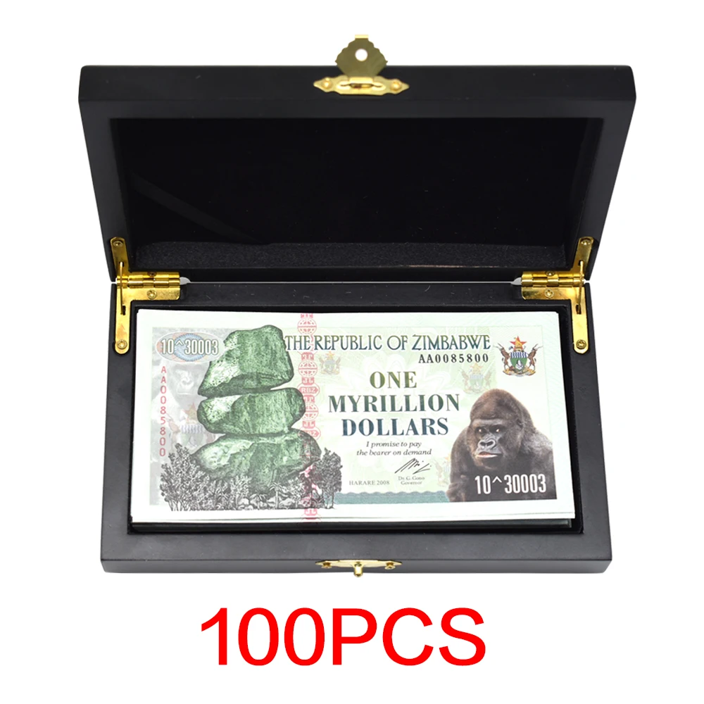 

100pcs/box Zimbabwe Paper Banknotes One Myrillion Dollars with Serial Number with Wooden Box Home Decor for Collection