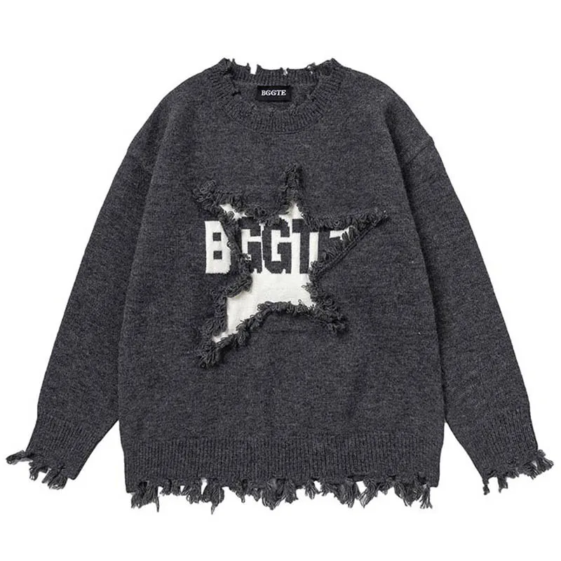 Hi Street Star Patchwork Knitted Sweater Oversized Ripped Pullover Tops For Male Vintage