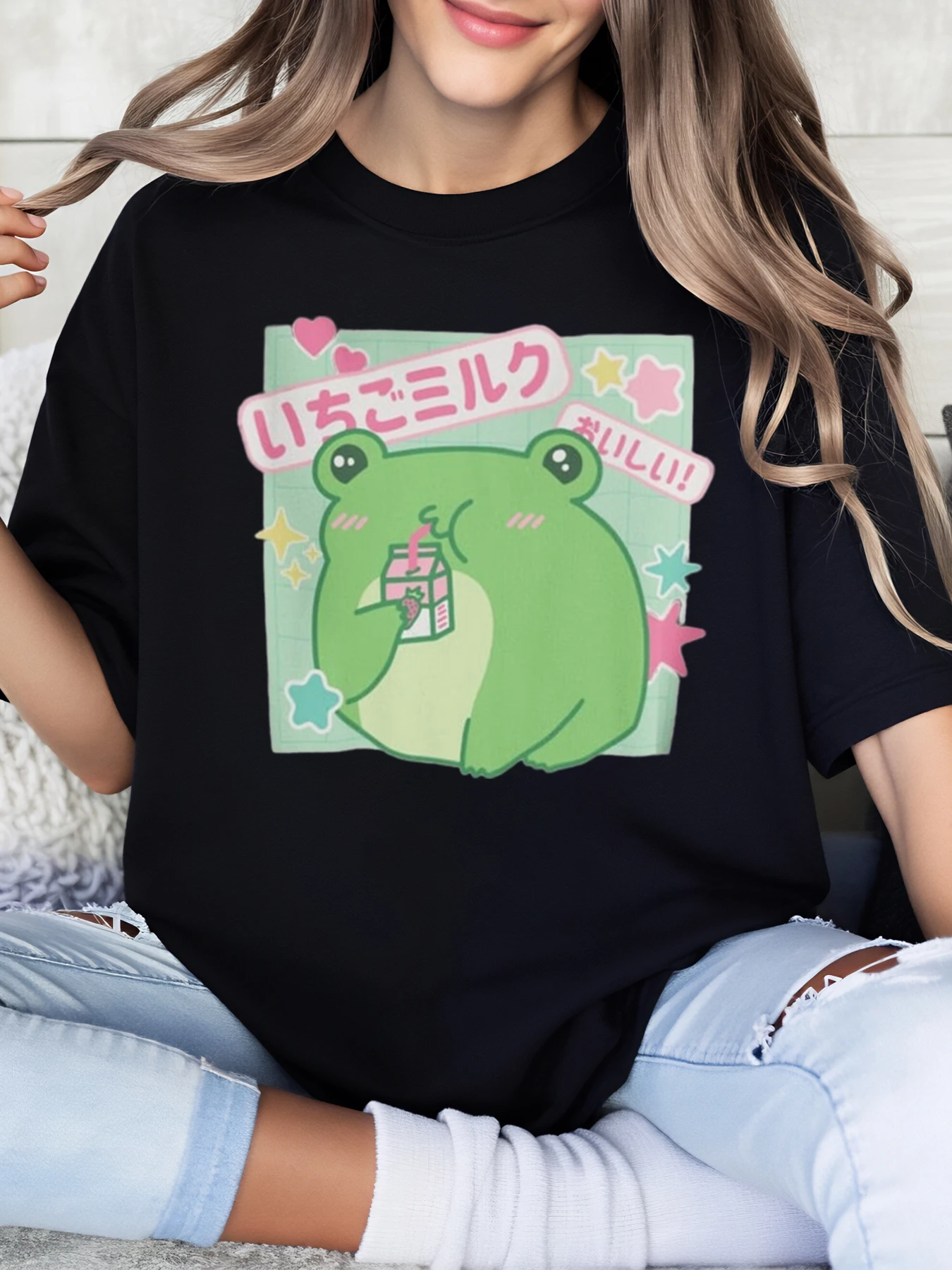 

Frog Milk Carton Print Kawaii Design Cute Animal Graphic t Shirt for Women Casual Wear Summer Outfit Black Plus-Size