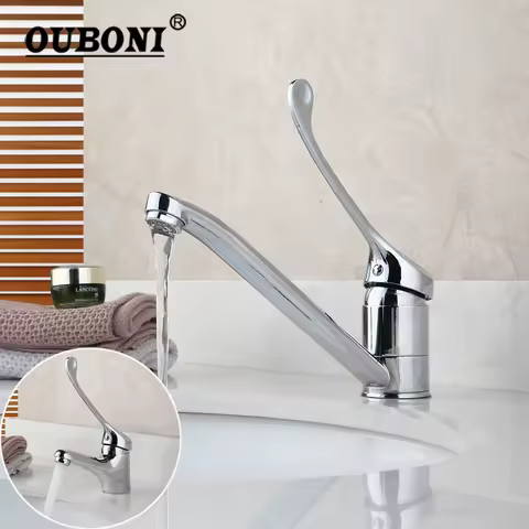 OUBONI Brass Long Handle Chrome Bathroom Basin Faucet Mixer Tap Deck Mounted Sink Medical hygiene Faucet Hot and Cold Faucet