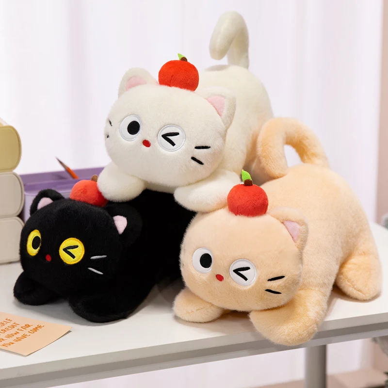 

35cm Cute Apple Cat Close Eyes Stuffed Black Cat Apple On Head Delicate Animal Plush Doll Birthday Gifts