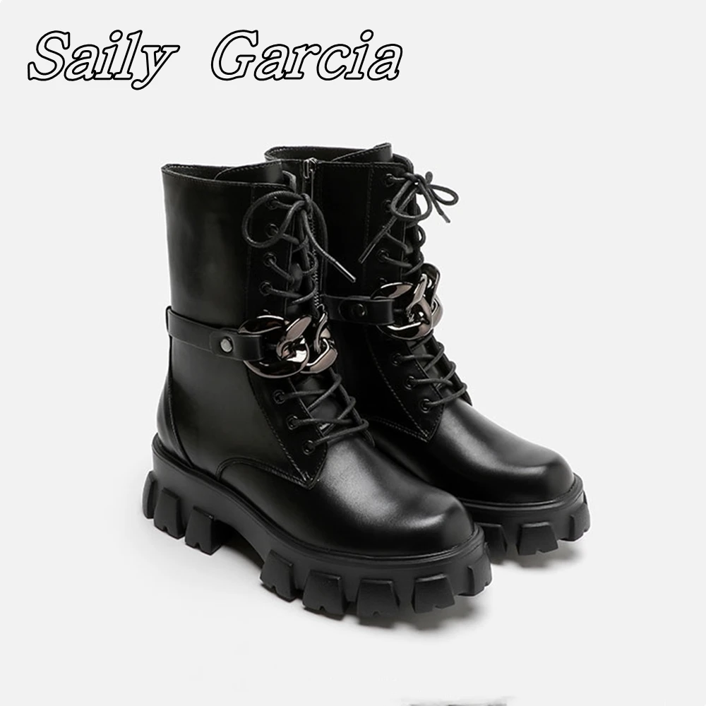 

Black Matte Microfiber Leather Metal Buckle Boots Round Toe Punk Style Cool Girl Shoes Thick Bottom Side Zipper Casual Shoes