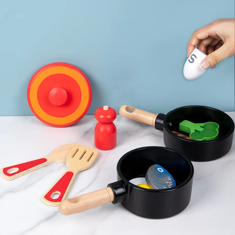 Kids Pretend Play Simulation Kitchen Toys Wooden Cooking Pot Pan Set Imitation Game Tableware Role Play Toy for Girls Children