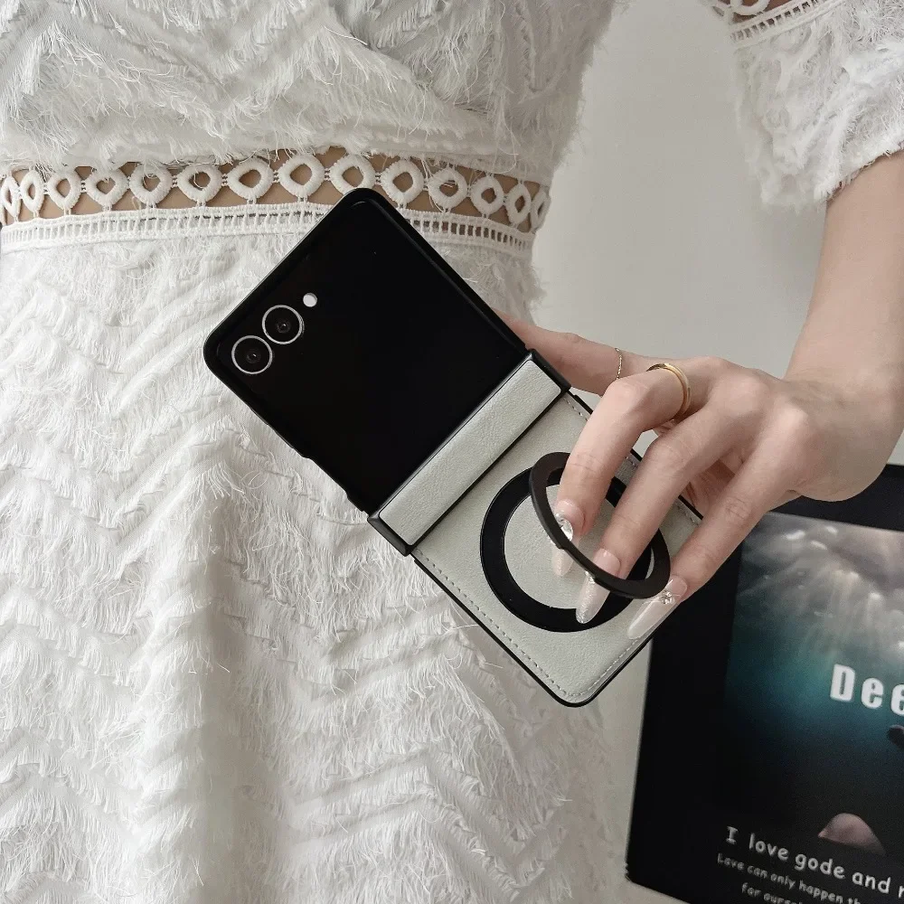حافظة هاتف جلدية مغناطيسية لهاتف سامسونج جالاكسي Z Flip 7 FE 6 5 4 3 Flip7 Flip6 Flip5 5G حلقة حامل المفصلي الغطاء الواقي #5