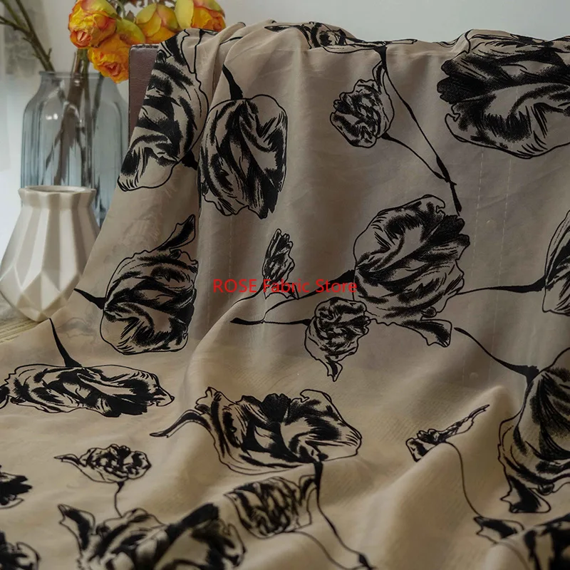 

Elegant Black Rose Flocking Fabric Soft Chiffon Fabric, Dress, Tops, Curtains, Backdrop, Sewing, Crafts DIY, Fabric