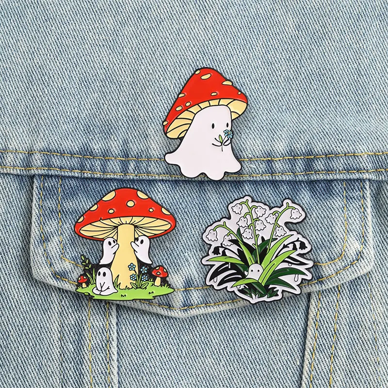 Ghost Mushroom Badge Lily of The Valley Boo Enamel Pin Cute Spooky Forest Lapel Brooch Cottagecore Accessories Gift