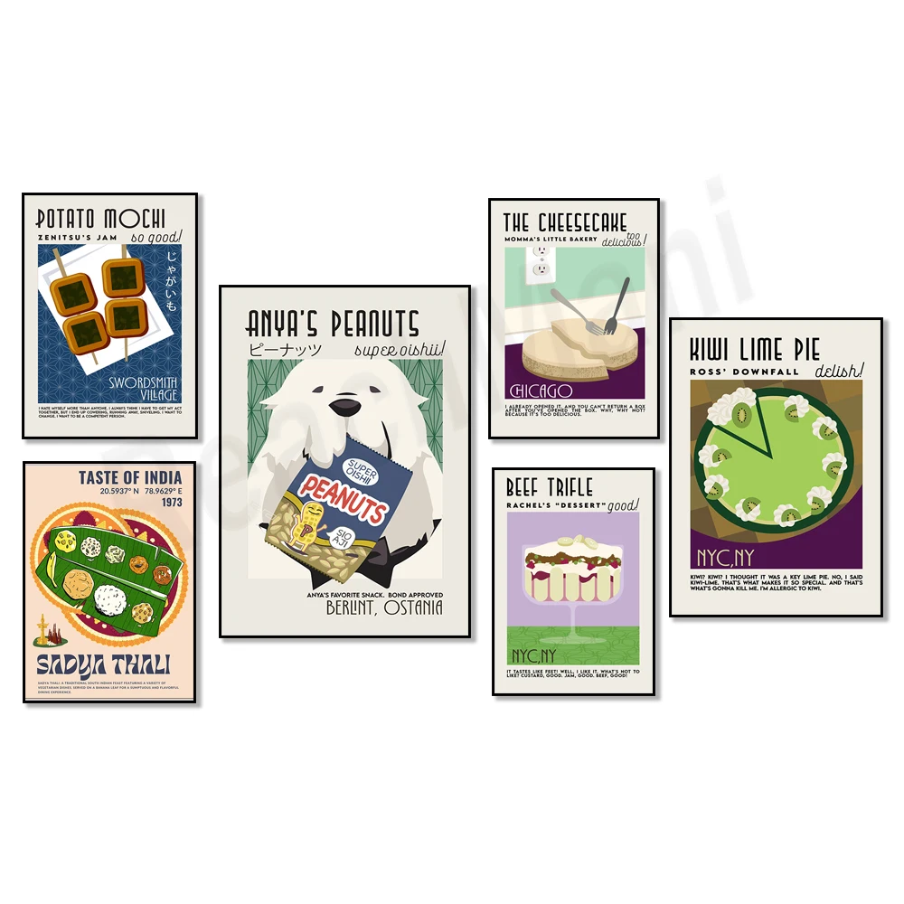 Mochi de patatas, ramen, gelatina de café, albóndigas, lasaña, tarta de lima con llave de kiwi, tarta de queso, gofres de carne, impresión de carteles de cocina gourmet