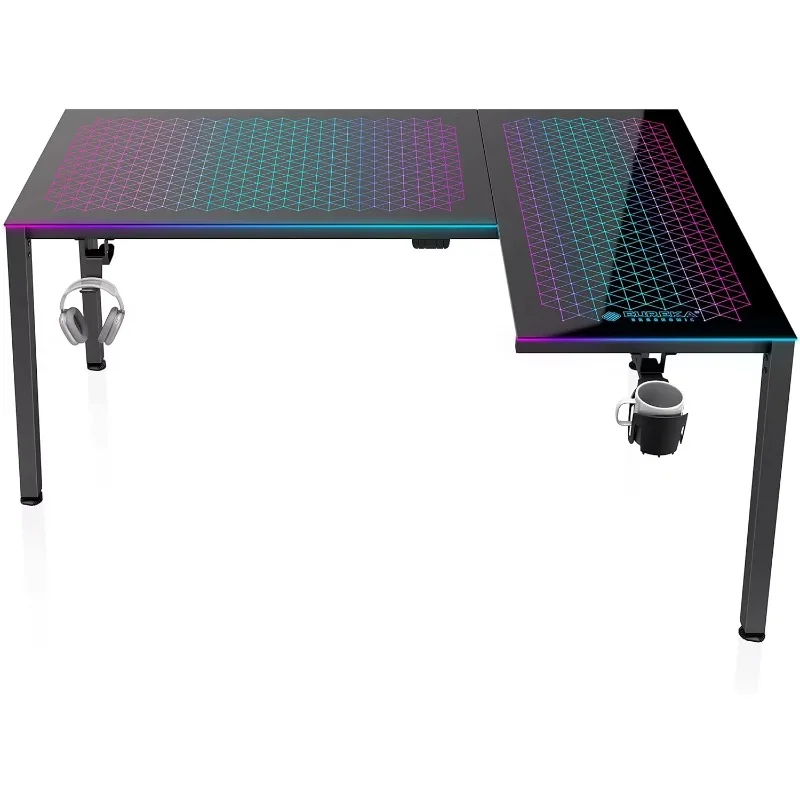 Music Sensing RGB LED Lights Glass Gaming Desk, 60 Inch L Shaped Reversible Top