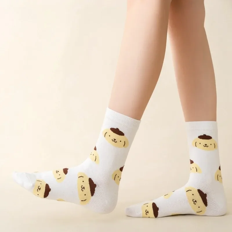 5pairs Sanrio Pom Pom Purin Mid Length Socks Ins Cute Anime Comfortable Minimal Design Leisure Sports Socks Girls Gifts Lovely