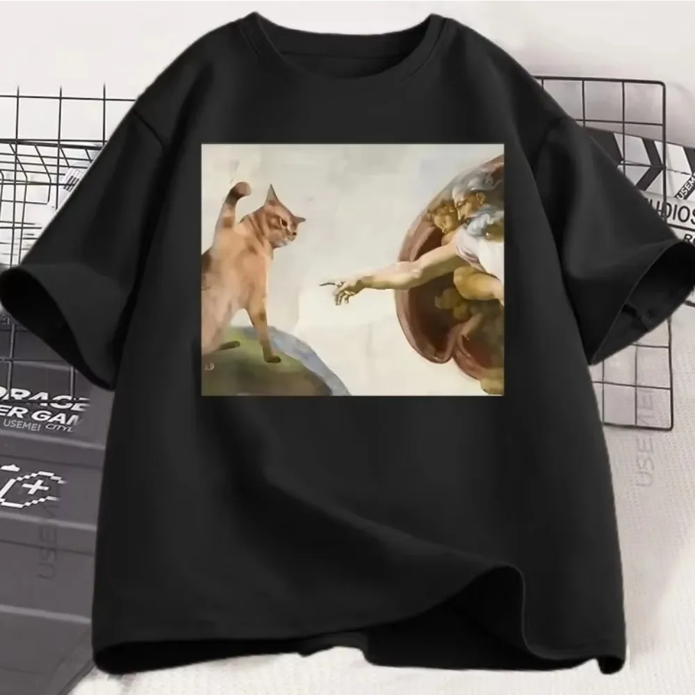 Funny Cat God Creation of Adam Meme T-Shirt Men Women Casuals Short Sleeve Jesus T Shirt O-Neck Tshirt Vintage Tees Harajuku