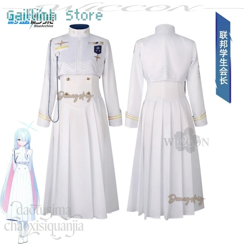 

Anime Game Blue Archive Cosplay General Student Council President 코스프레 Kawaii Long White Dress JK Uniform Wigs Halloween 코스프레