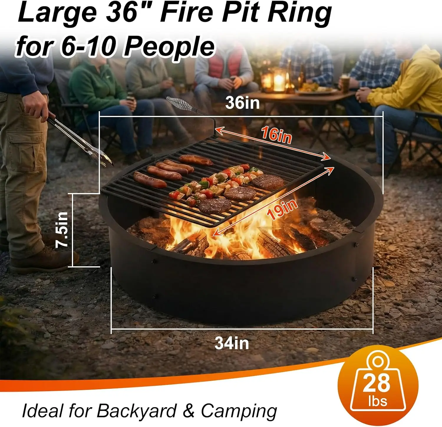 36-Inch Fire Pit Ring in Steel with 16 x 19-Inch Swivel Grill Grate