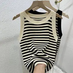 Ice Silk Camisole Women's Summer Striped Slim Fit Knitted Vest Underwear Tank Top Plus-size Sleeveless Top
