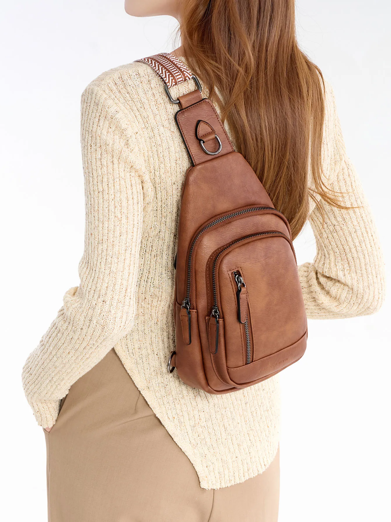 

100%PUleather women's chest bag shoulderbag contrast color versatile two-layer large capacity crossbody chestbag sports backpack