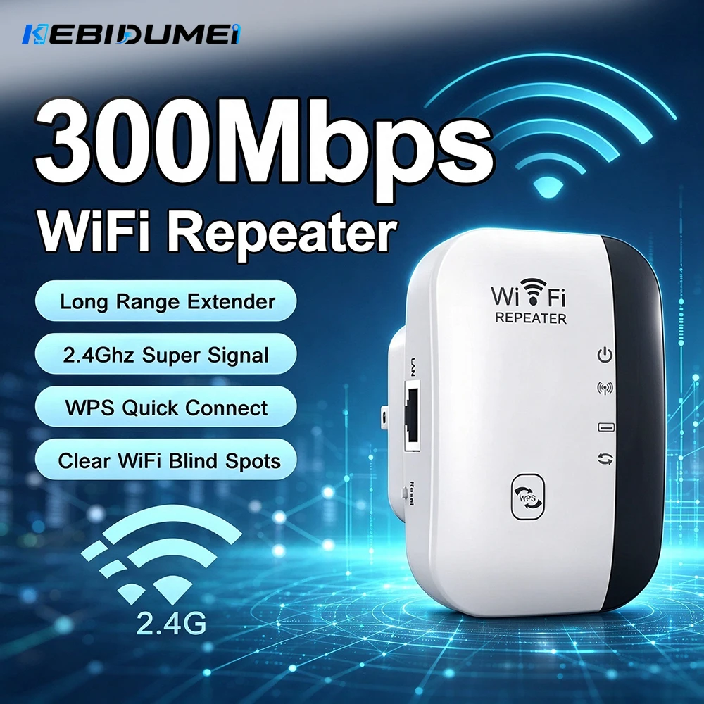 Kebidumei 300Mbps Wireless WiFi Repeater Wifi Extender Amplifier 802.11N WPS Long Range WiFi Booster Amplifier Wi Fi Repeater