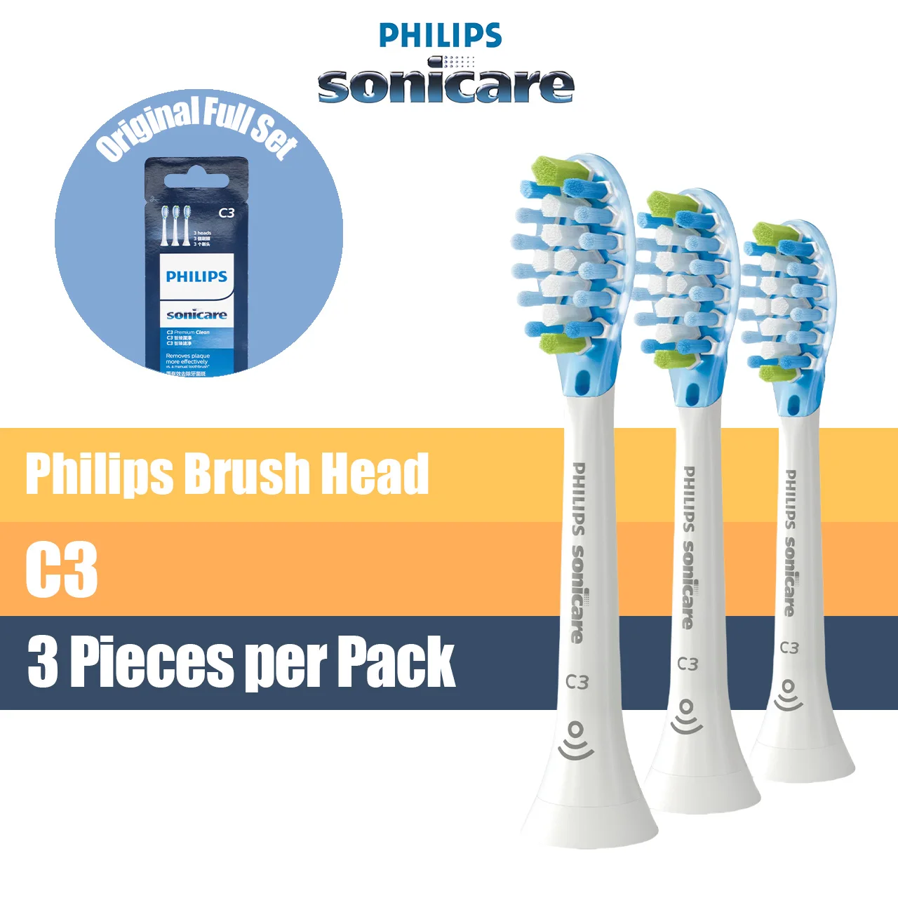 

Philips Sonicare Genuine C3 Premium Replacement Toothbrush Heads 3 Heads per set, White, Black
