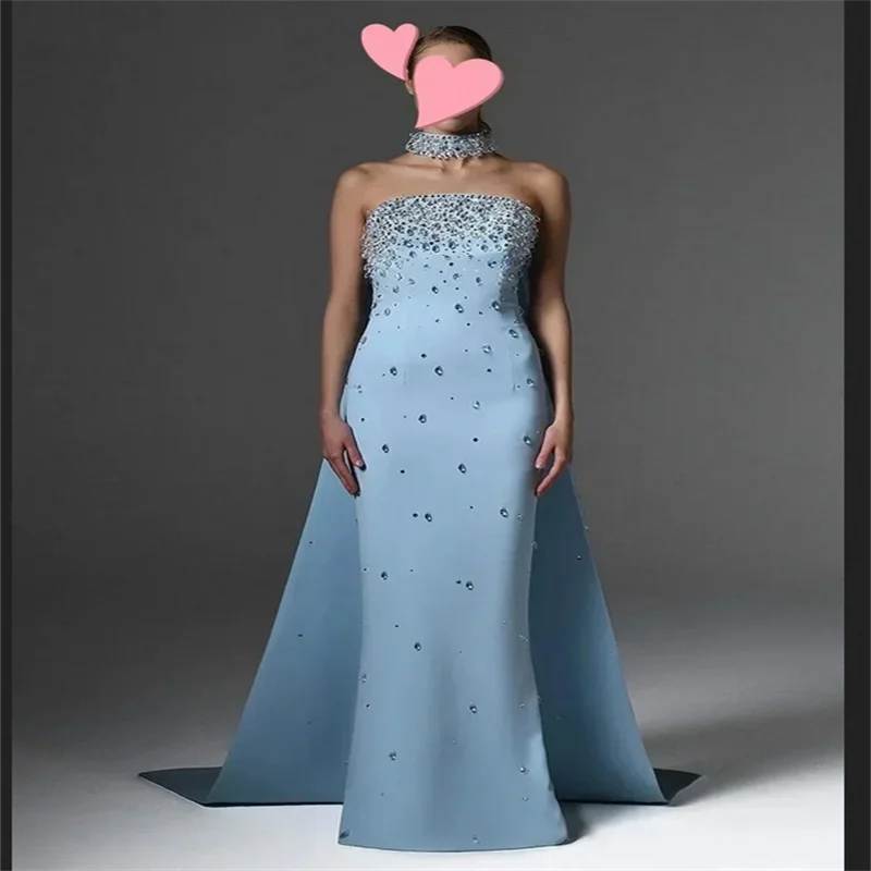 

Blue Halter Strapless Rhinestones Prom Dress Mermaid Floor-length vestidos de noiva Customized Elegant Sleeveless Formal