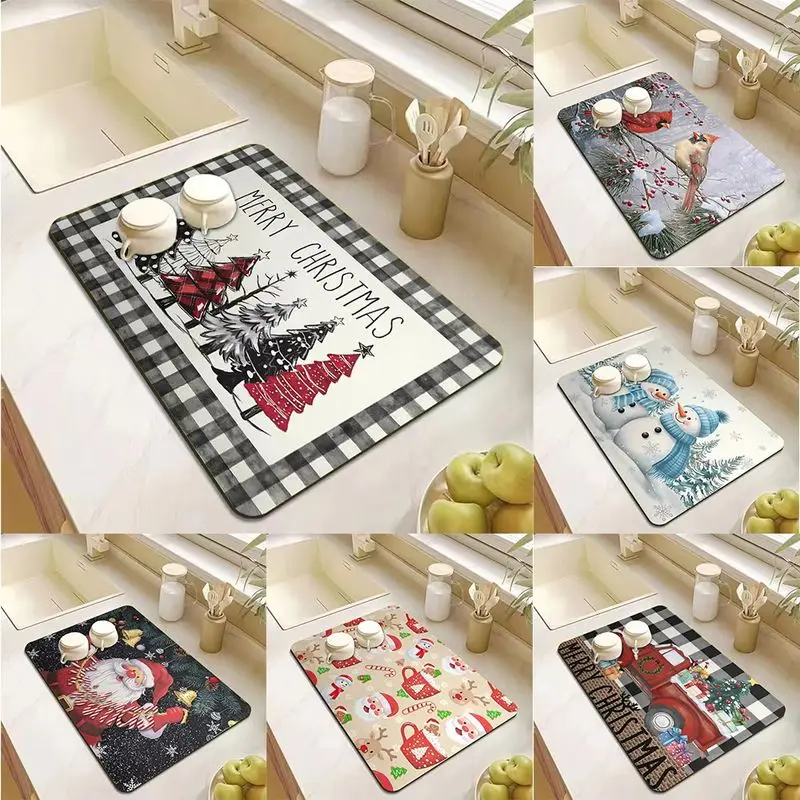 VIKAMA Merry Christmas Dish Drying Mat Flannel Absorbent Non Slip Kitchen Counter Pad Plaid Tree Snowman Cardinal Placemat Xmas