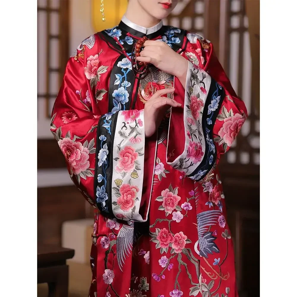 

Qing Dynasty Imitation Round Neck Printed Long Sleeve Long Cheongsam Cloak Women Chinese Traditional Red Satin Qipao Dresses