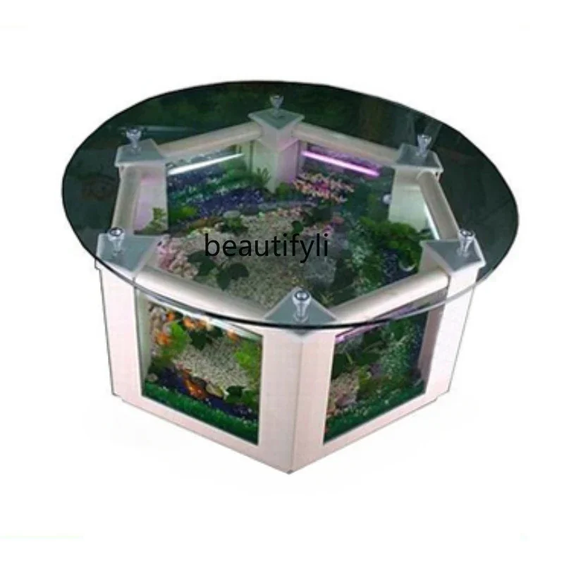 

ss newHexagonal Coffee Table Fish Tank Glass Aquarium Creative Living Room Household 1 M Ecological Turtle Jar Sofa