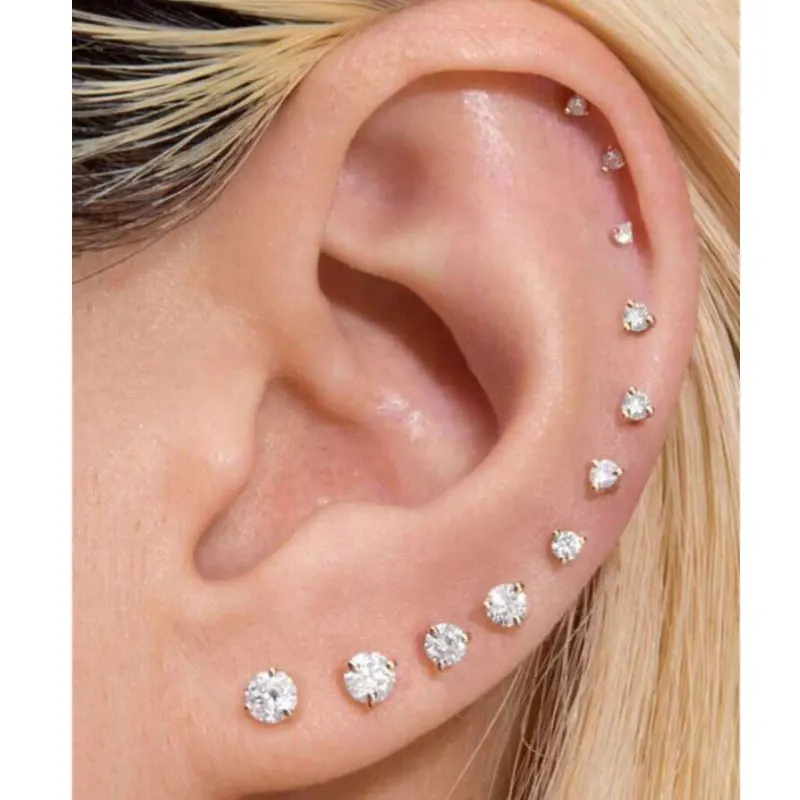 1 paio di borchie piatte in cristallo in acciaio inossidabile donna uomo Bar Screw Back Tragus Round Clear Cubic Zirconia Piercing orecchini gioielli