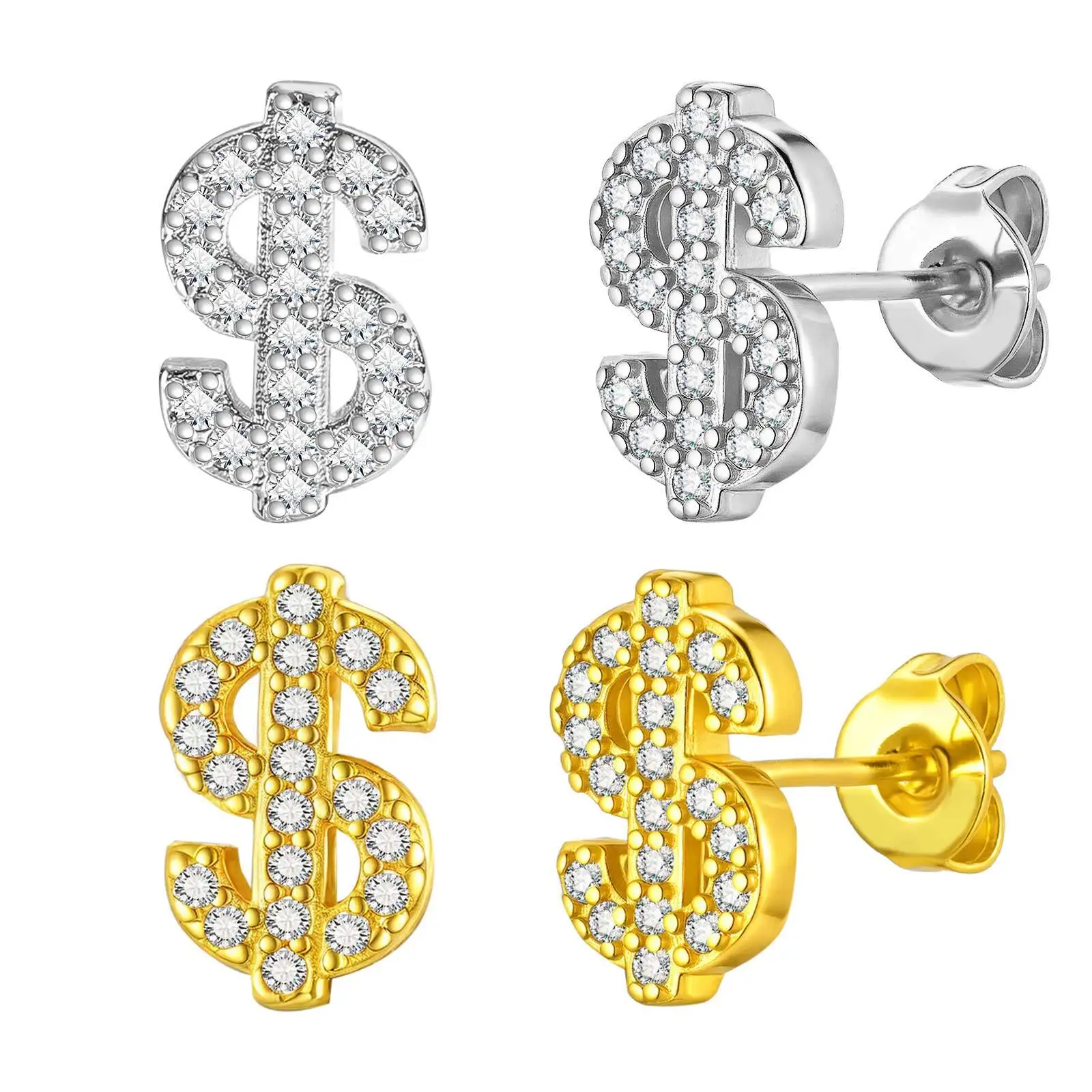 Vnox Dollar Sign Stud Earrings for Men Women, Zircon Copper Earrings with Pierced Ear Holes, Hiphop Rock Punk Cool Jewelry Gifts