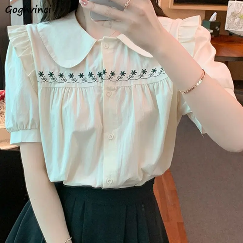 

Peter Pan Collar Shirts Women Cute Printed Fashion Puff Sleeve Tender Schoolgirls Retro French Style Elegant Mujer Basics Summer