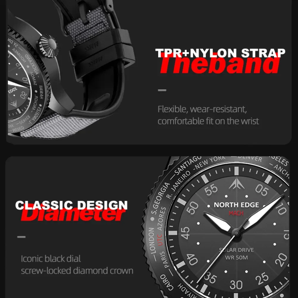 NORTH EDGE MACH Solar Power Pilot Series Quartz Wristwatches Swimming Mens Watch Sports Luminous 50M Waterproof Watches for Man
