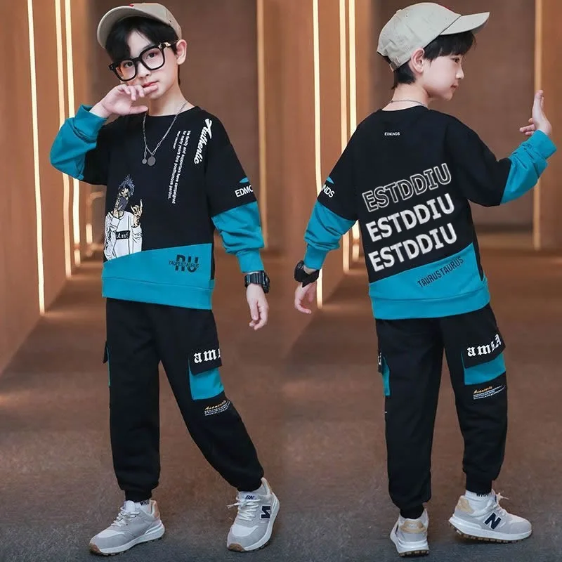 2024 autumn winter Boys Tracksuit velvet patchwork letters rainbow sweatshirt + Leggings Pants Suit Clothes children Set 12 14 Y