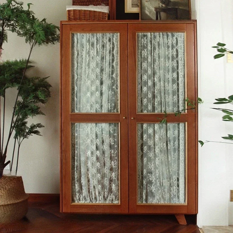 French retro double door wardrobe solid wood gauze curtain American glass cabinet small apartment bedroom