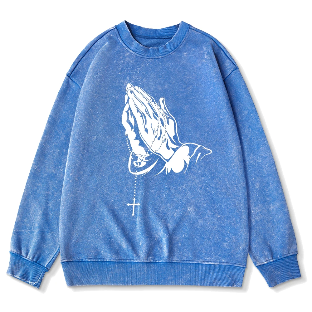 Oversize Mężczyźni Kobieta Acid Wash Bluza z kapturem Cross Prayer Printed Sweatshirt Fashion Crewneck Cotton Pullover Couple Washed Streetwear