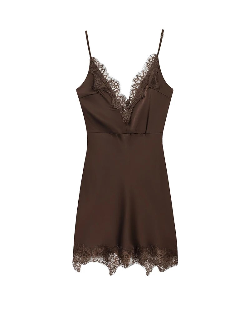 Minivestido feminino com decote em V renda emendada camisola café cetim vestidos sem costas