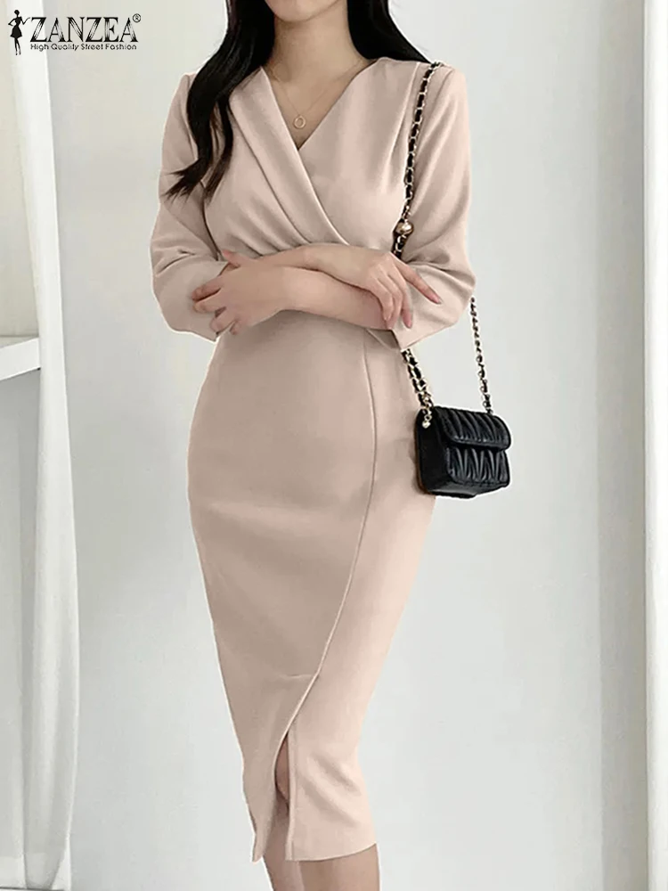 ZANZEA Women Korean Fashion OL Dresses 3/4 Sleeve Sexy Solid Color Slim Fit Midi Dress 2024 New Elegant V Neck Party Vestidos