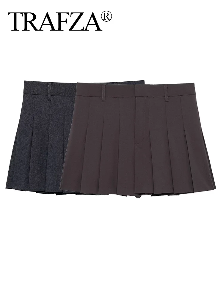 

TRAFZA Women Fashion Versatile Series Wide Pleated Button Skirt Female Elegant High Waist Sexy Zipper Solid 2-color Mini Skirt