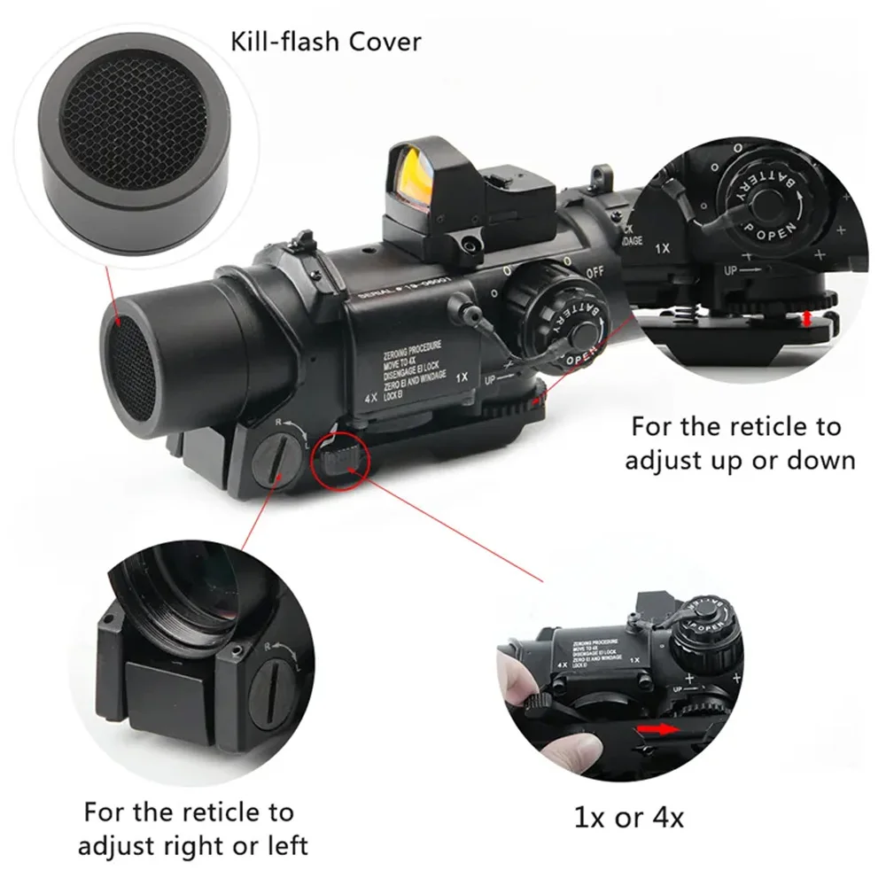 Quick Detachable Tactical 1x-4x Fixed Dual Role Optic Rifle Scope with Mini Red Dot Scope RMR for Rifle Hunting Airsoft Shooting