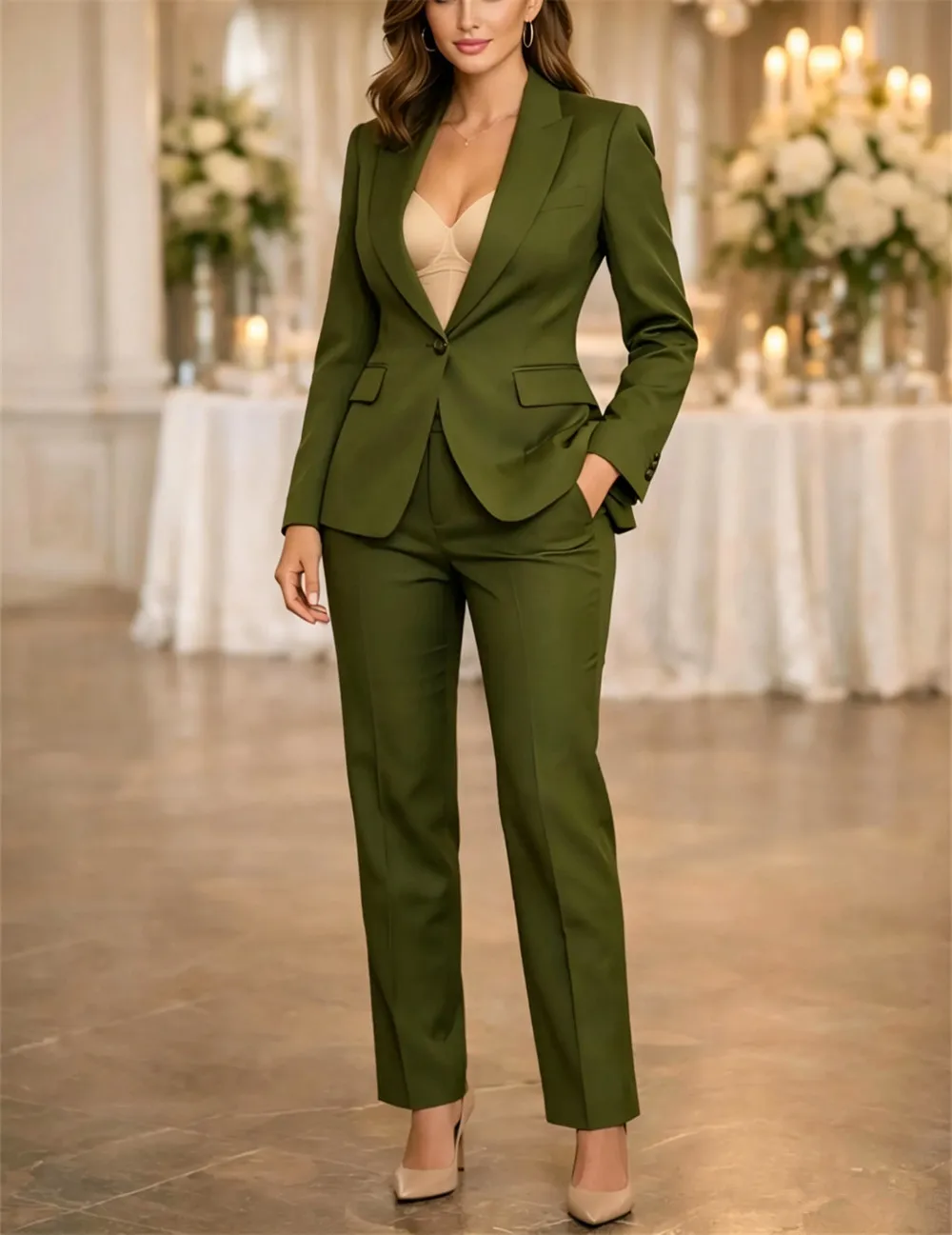Olive Green Women's Suits 2 Pcs Pantsuit Set Tailored Women’s Formal Wedding Guest Outfit Chic Office Suit (Blazer+Trousers)