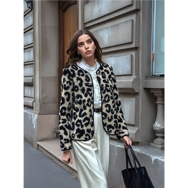 TEXU Women Leopard Fuzzy Fleece Coat Collarless Button Down Winter Crop Jacket Leopard Print Color S