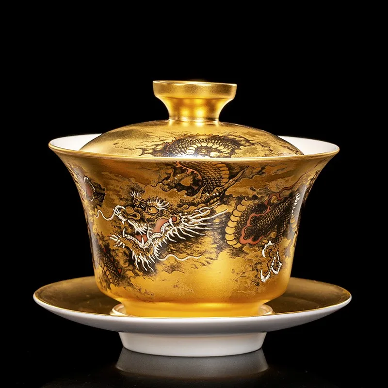 

Hand-made gold cover master Jianzhan gifts tea set hand-painted dragon