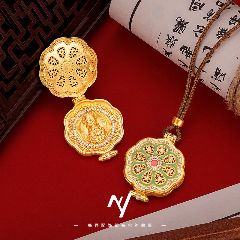 

9999 24K Real Gold Enamel Colored Dot Diamond Eight-Fu Gourd Can Open Gawu Box Pendant Fulu Guardian Sweater Chain Women
