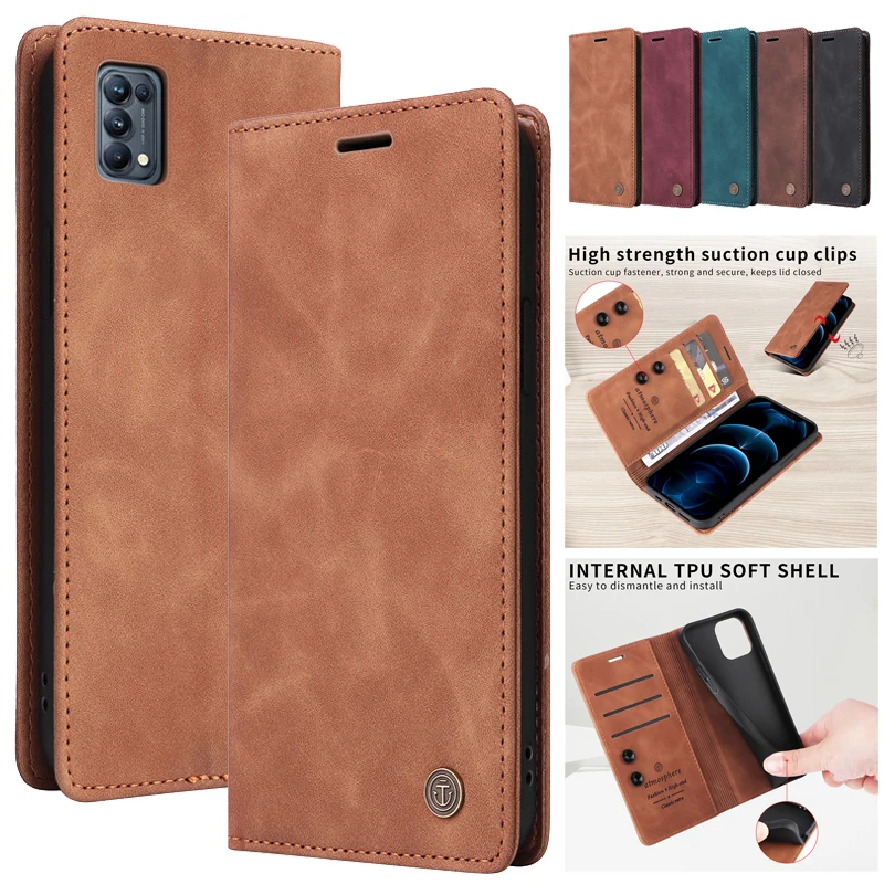 

Wallet Flip Case on For OPPO Find X3 Reno5 5G Reno6 Lite FindX3 Reno 5 Cover Suction Cup Leather Stand Phone Protective Bags