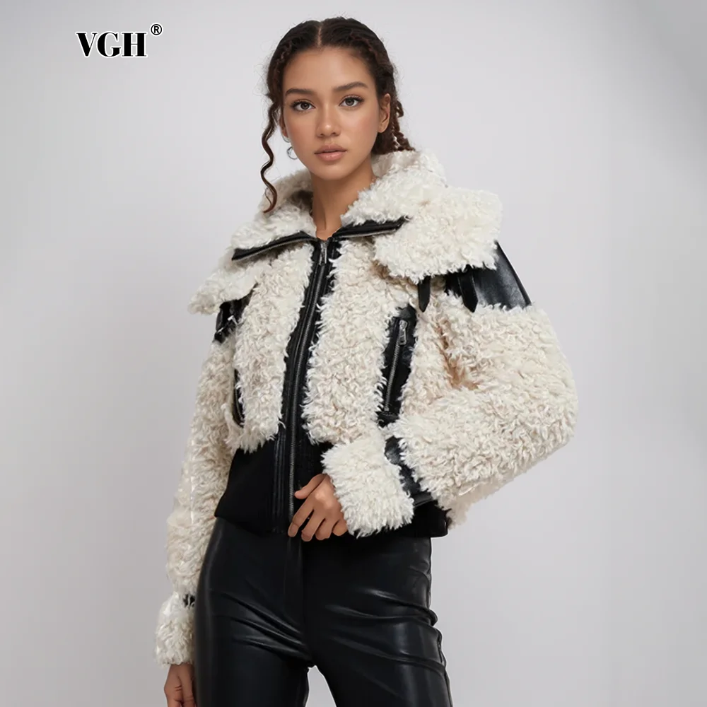 

VGH Hit Color Casual Cotton Jackets For Women Lapel Long Sleeve Spliced Zippers Slimming Short Jacket Female Fashion Style New