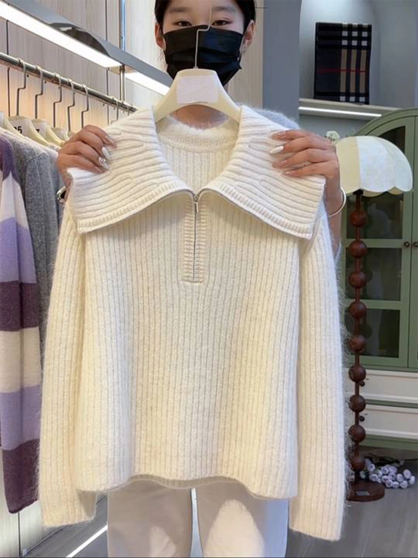 

Белый пуловер с большим воротником, женский новый осенний свитер 202, мягкий уютный вязаный топ, уникальный высококачественный милый свитер