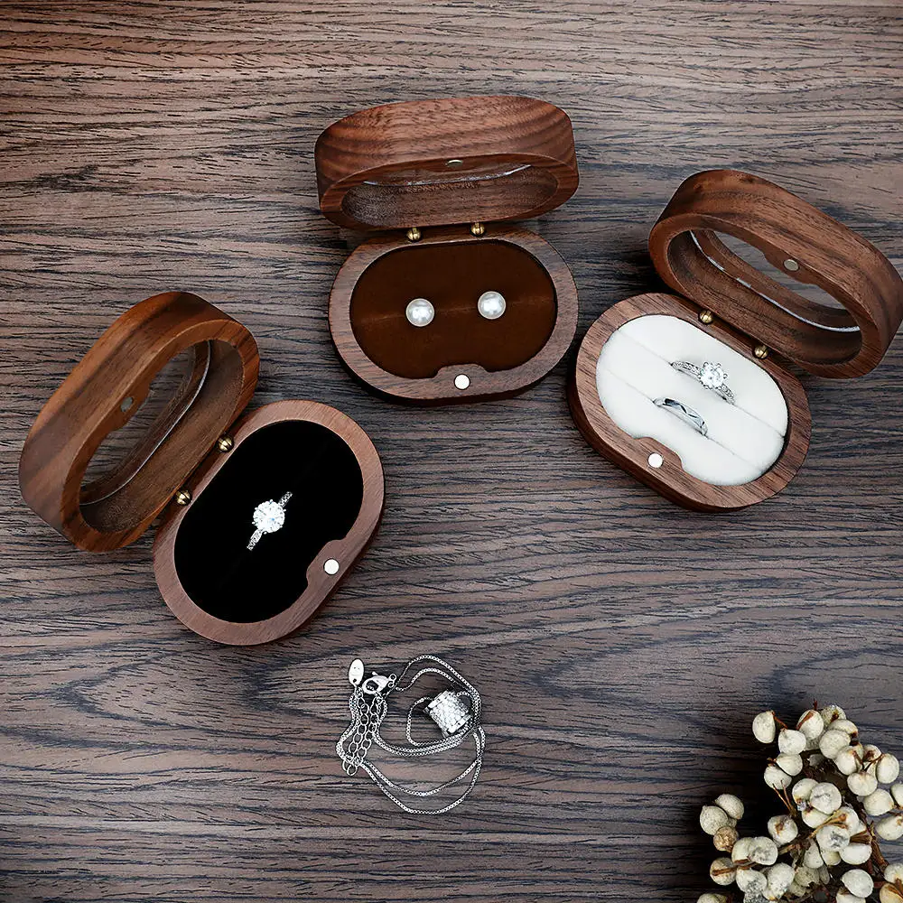 Wooden Jewelry Box Black Walnut Ring Necklace Earring Organizer Gift Display Box for Valentine's Day Wedding Anniversary