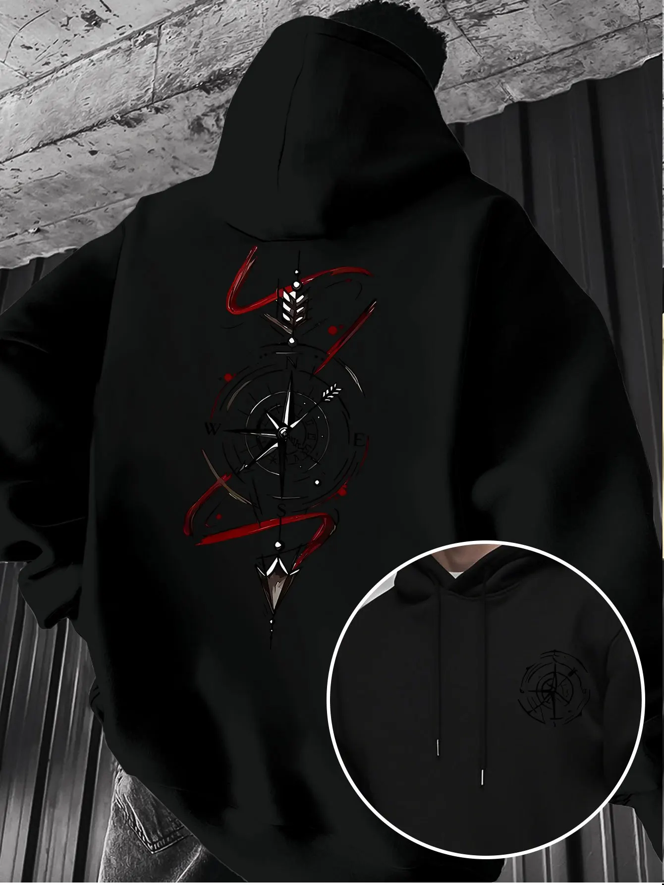 Best-selling vintage compass arrow pattern casual printed hooded sweatshirt for men - an outdoor trend long-sleeved hooded shirt