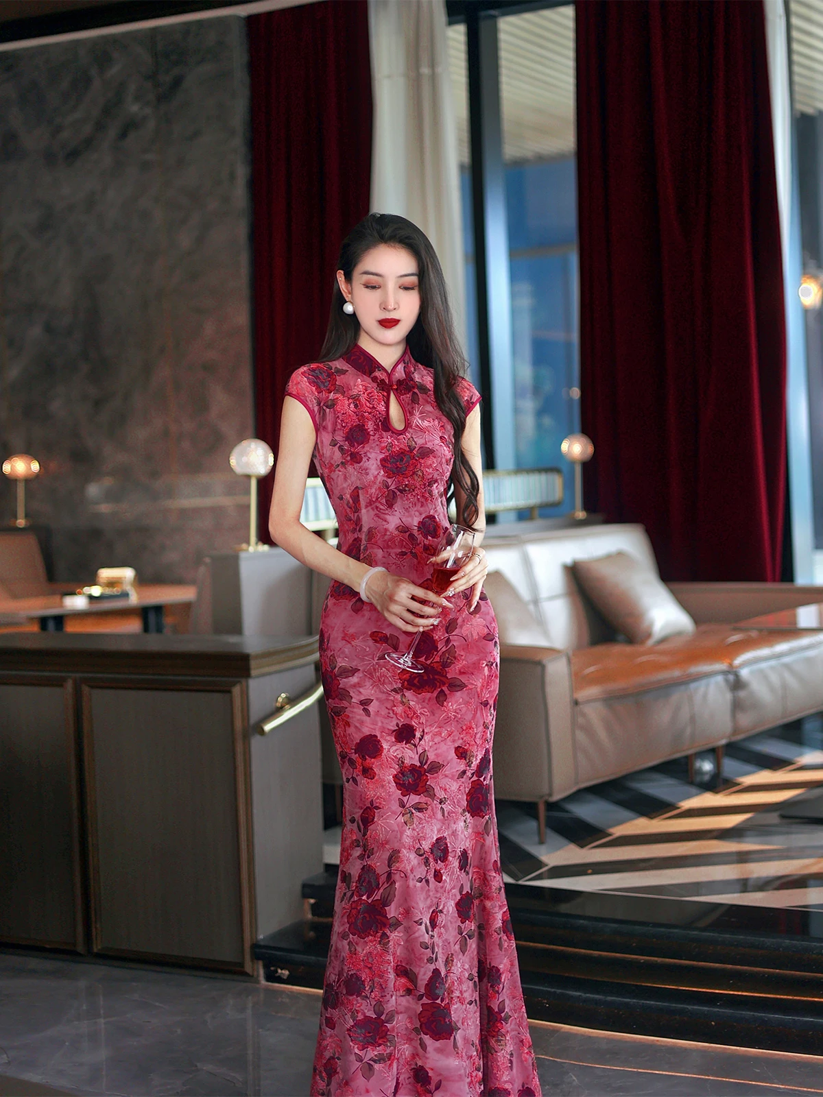 

Ukefei оригинальный дизайн, элитный бархатный окрашенный винтажный облегающий дышащий бал, длинный, китайский, художественный