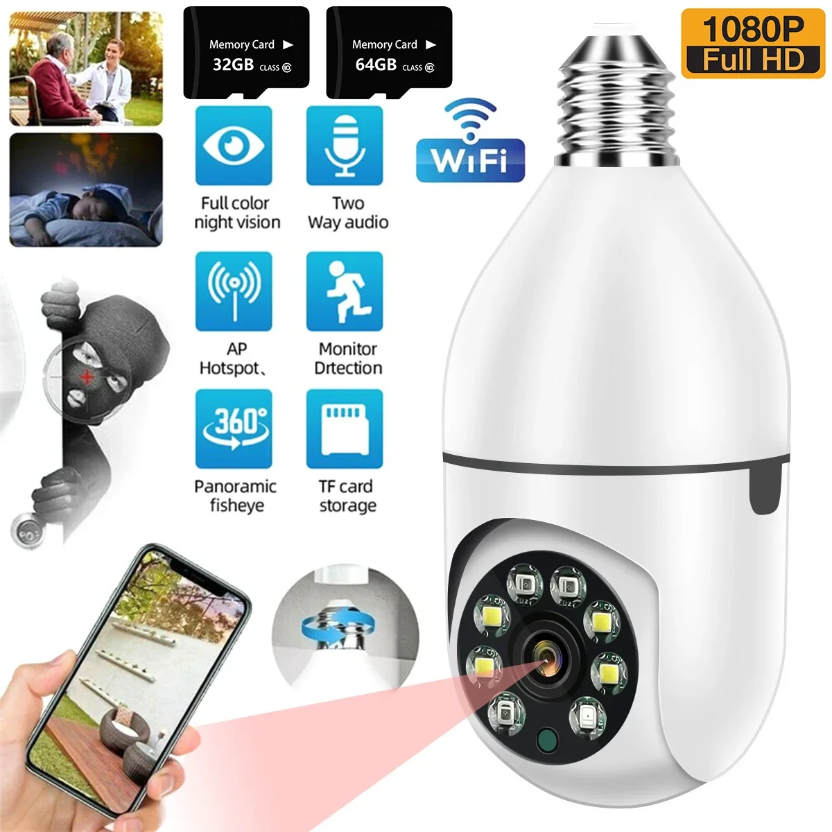 

E27 Bulb Surveillance Camera Night Vision Full Color Automatic Human Tracking 4X Digital Zoom Video Security Monitor Cam