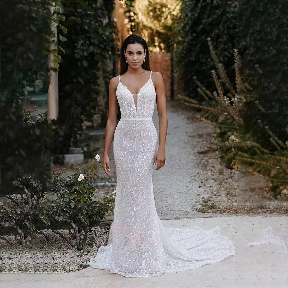 

Elegant Spaghetti Strap Sleeveless Wedding Dress Bride Gown Straight Skirt Train Formal Bridal Dress for Wedding Customized