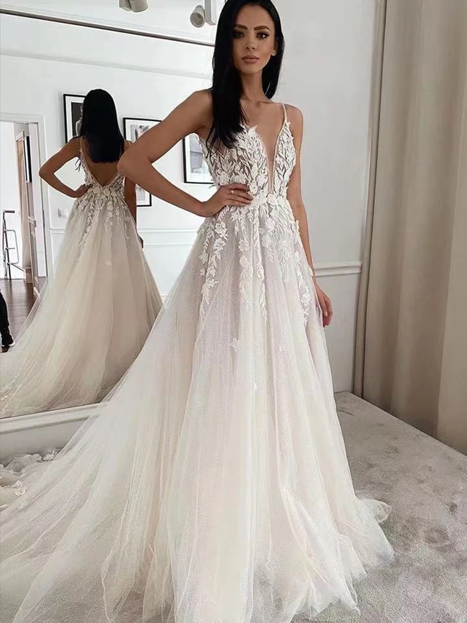 2022 branco com decote em v alças de espaguete vestido de casamento para as mulheres tule rendas apliques vestido de noiva sexy sem costas vestidos de novia