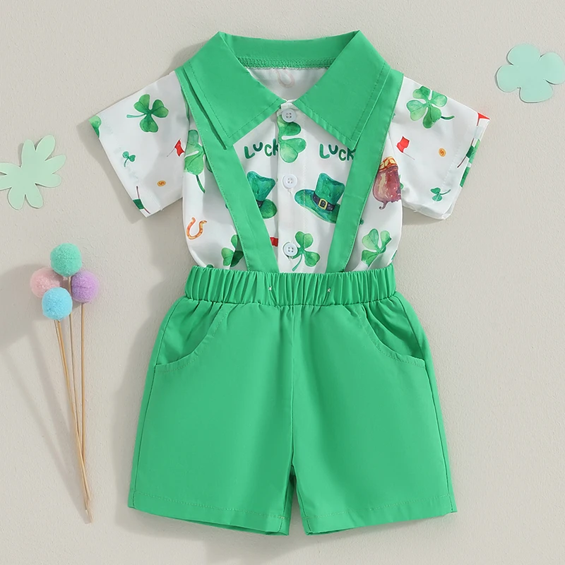 

Baby St Patrick s Day Green Romper with Shamrock Print and Matching Hat Short Sleeve Jumpsuit and Suspender Shorts Set for